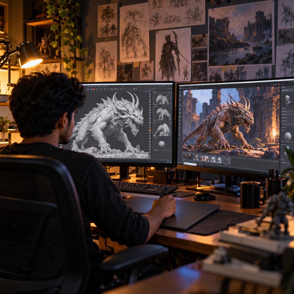 A game artist sculpting a creature in a 3D app while it is lit in a game engine on a second screen