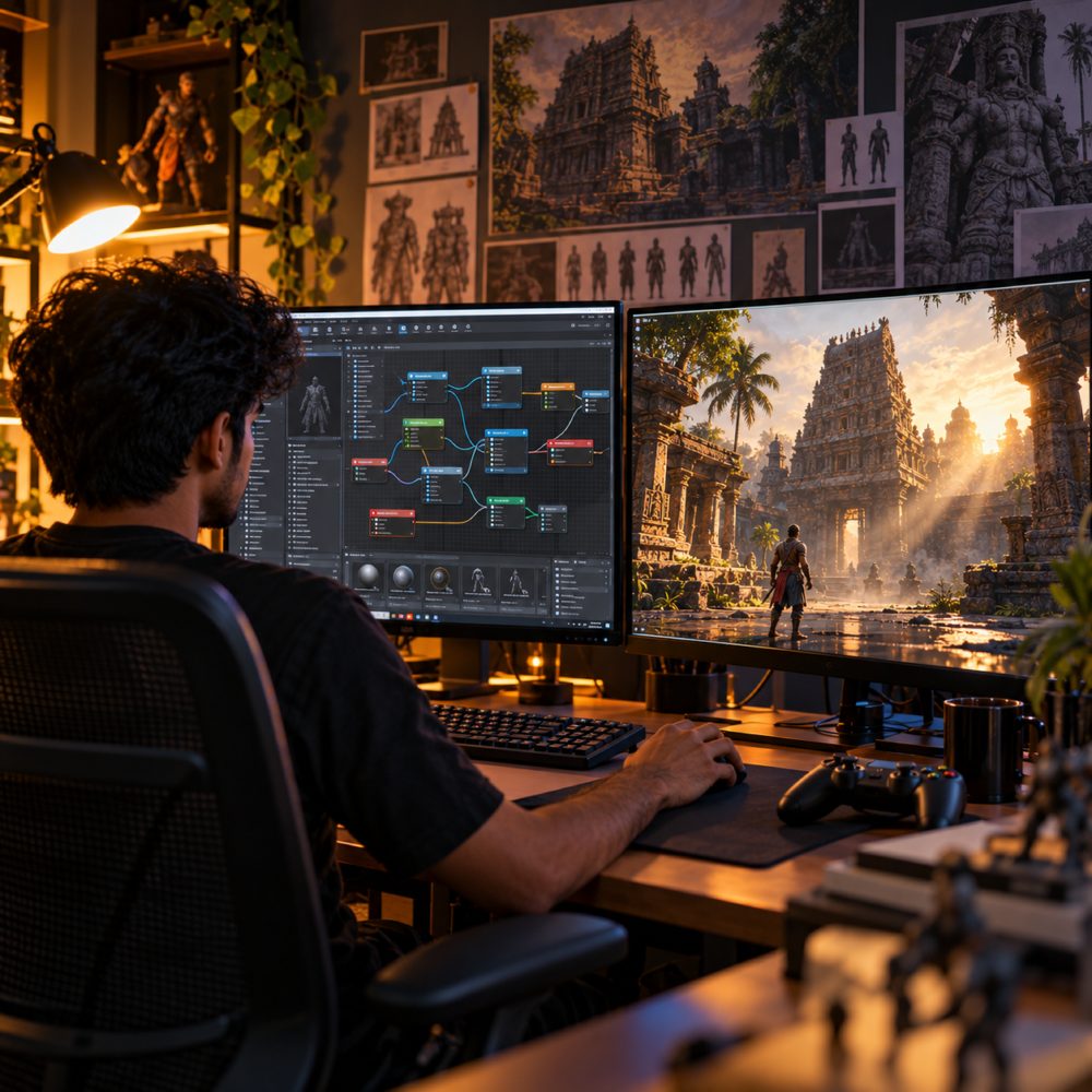 A game developer building visual scripting logic on one screen while a sunlit temple ruins scene runs in a game engine on the other